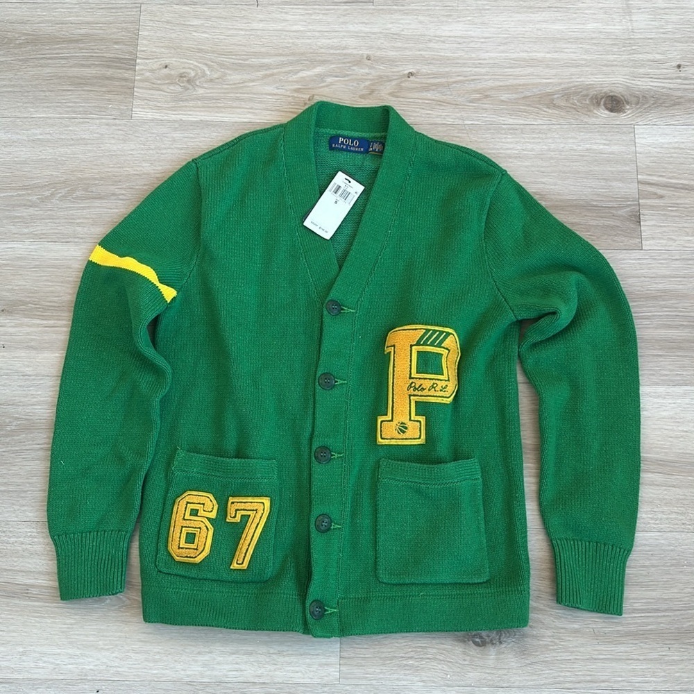 Polo by Ralph Lauren Green Wool Varsity Cardigan with Yellow Patch - Picture 7 of 11